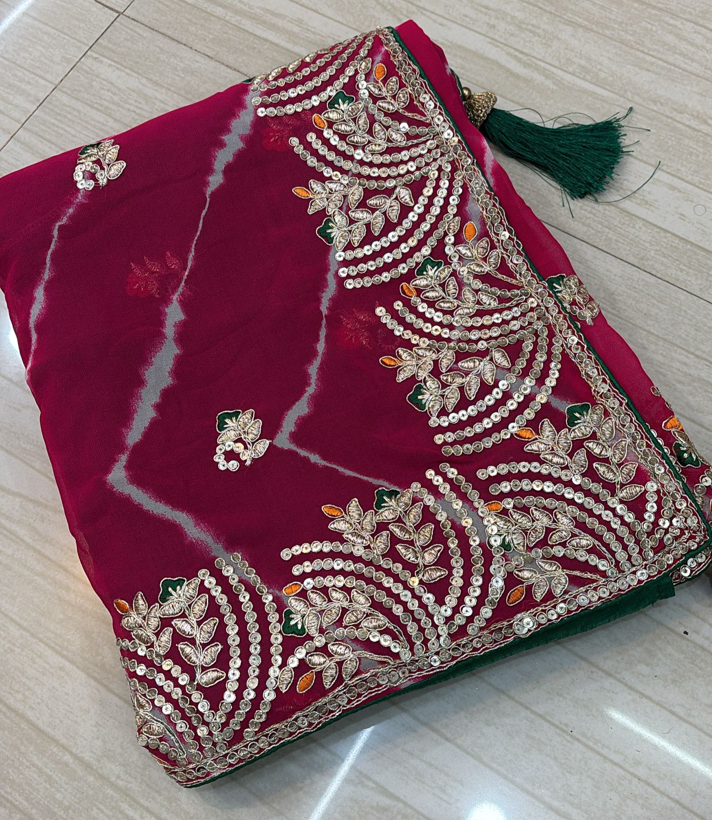Fuchsia Bandhej Saree with Gota Patti and Mirror Embroidery- 252