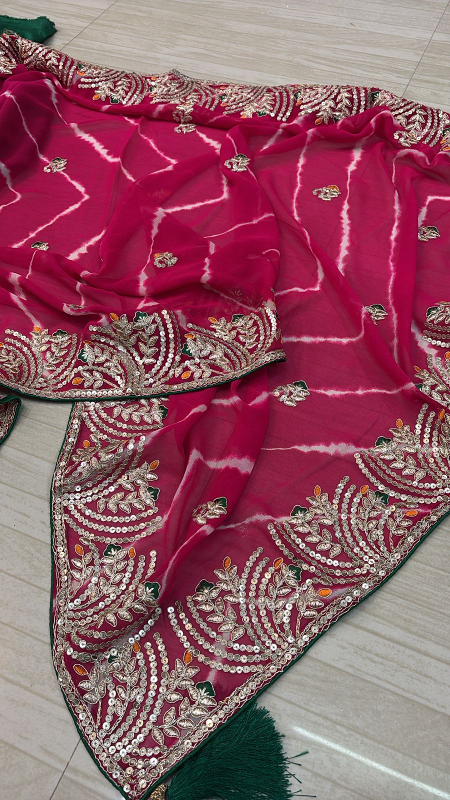 Fuchsia Bandhej Saree with Gota Patti and Mirror Embroidery- 252