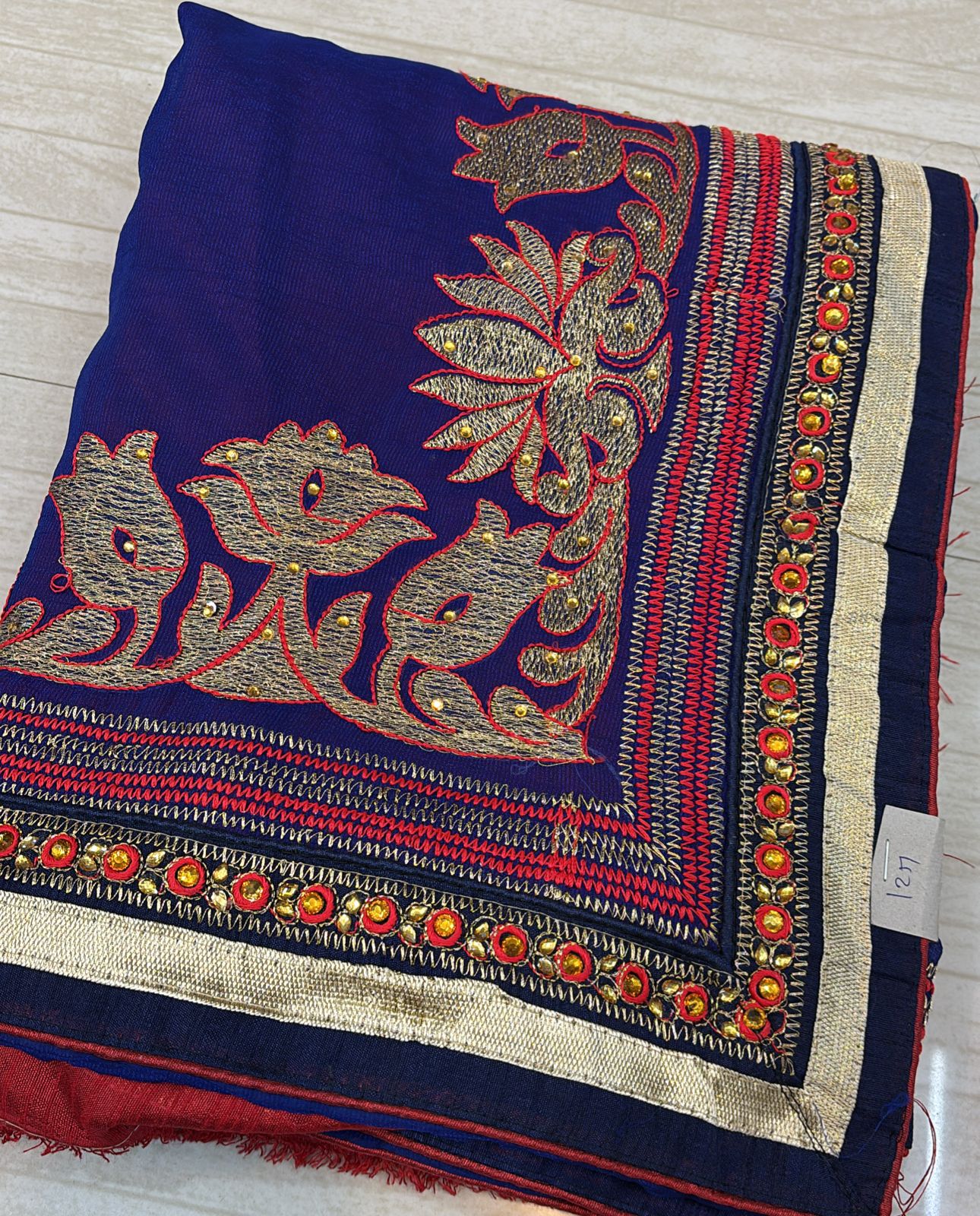 Royal Blue Saree with Gold and Red Thread Embroidery- 253