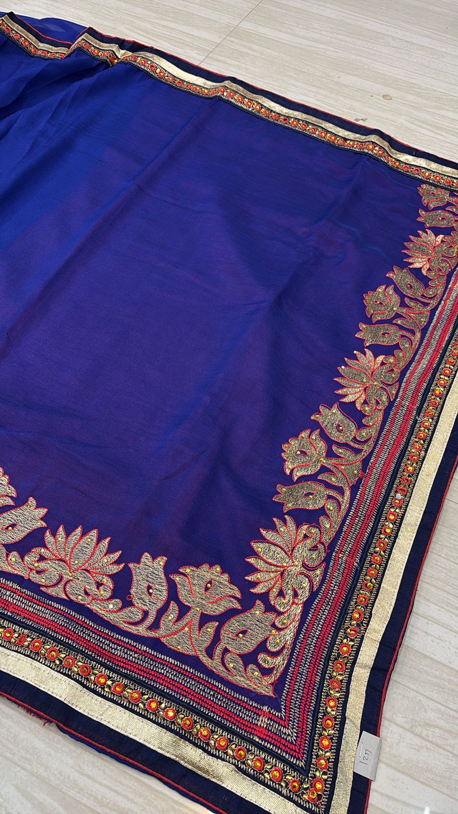 Royal Blue Saree with Gold and Red Thread Embroidery- 253