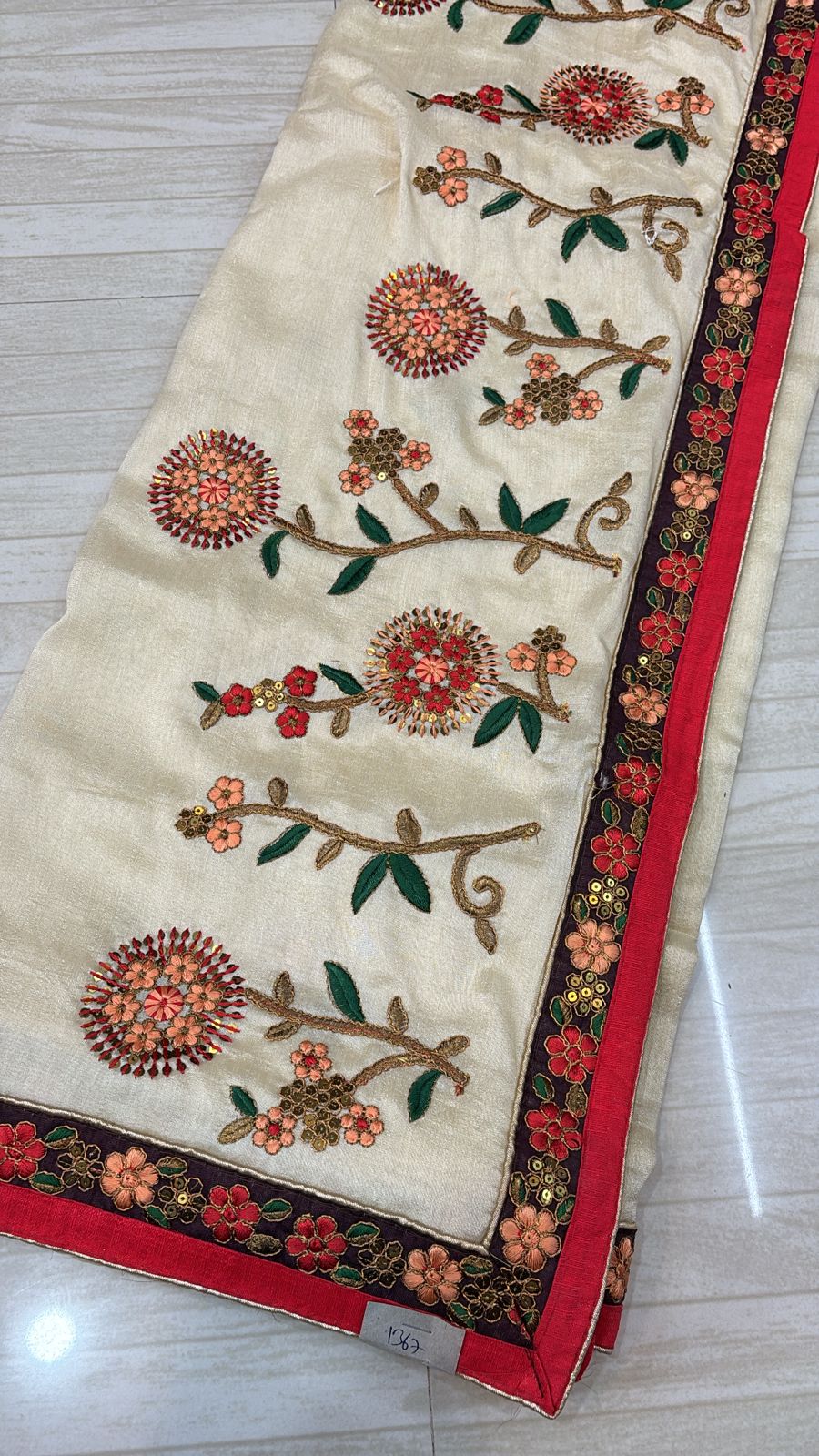 Ivory Saree with Multi-Colored Floral Embroidery- 254