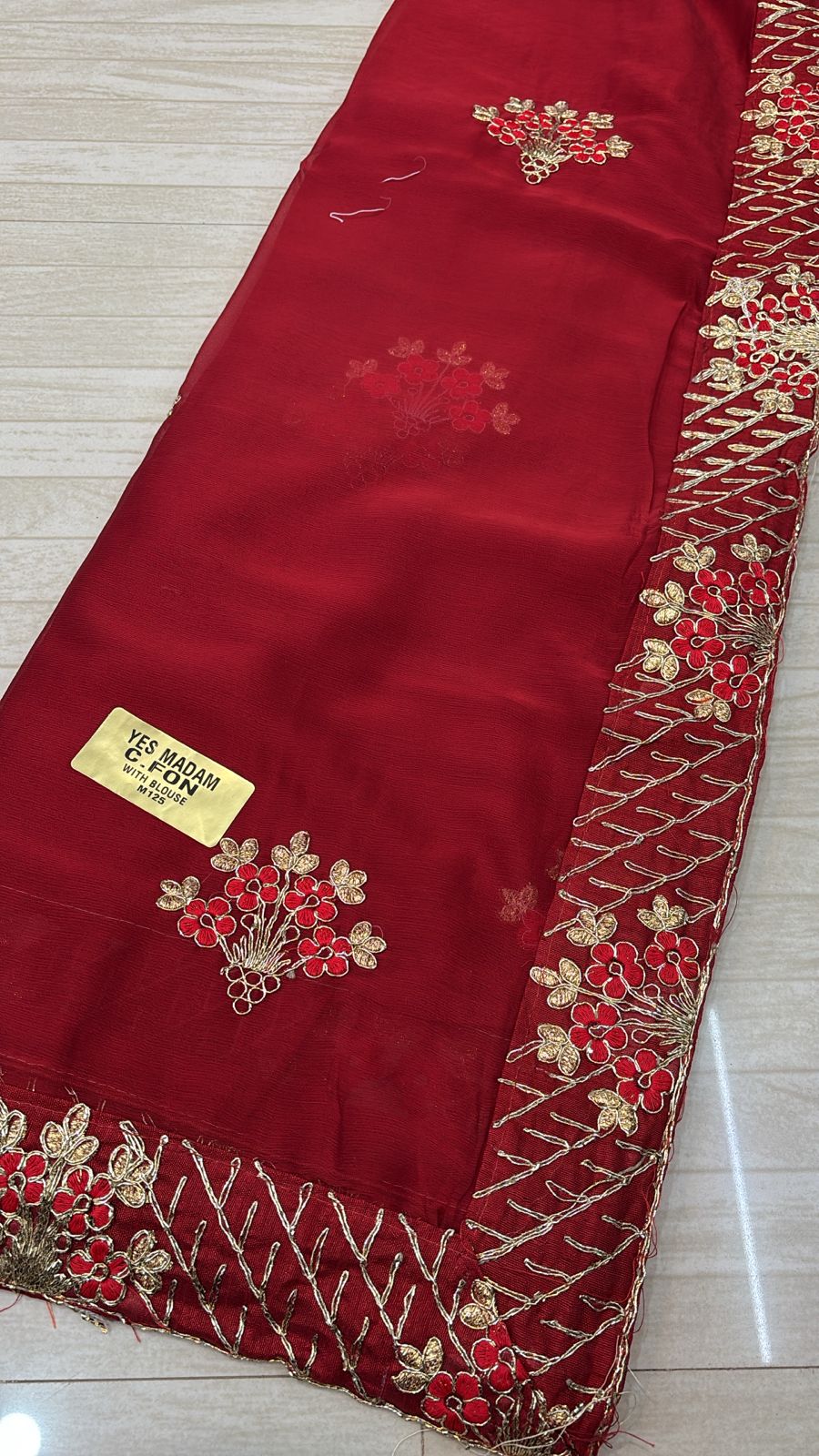 Maroon Red Saree with Floral and Zari Embroidery- 255