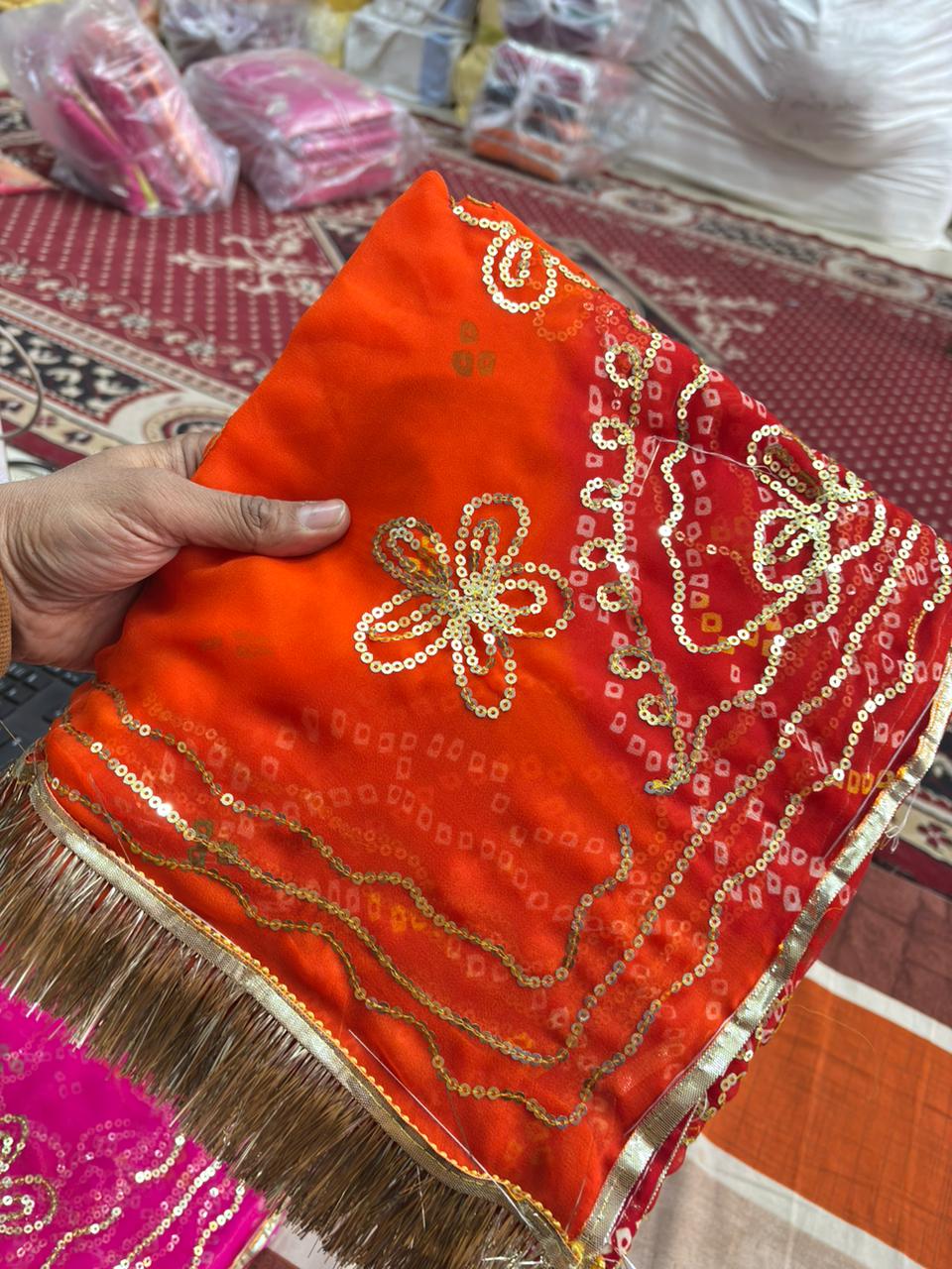 Ghewar Tari Gold Pure Poshak (Orange and Red)- 787