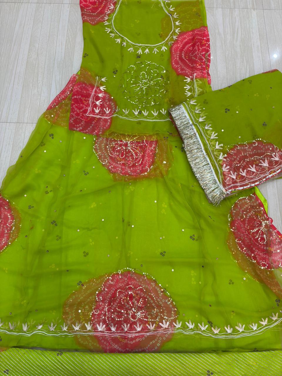 MOTI WORK GHEWAR TARI POSHAK (PARROT WITH PINK)-1781