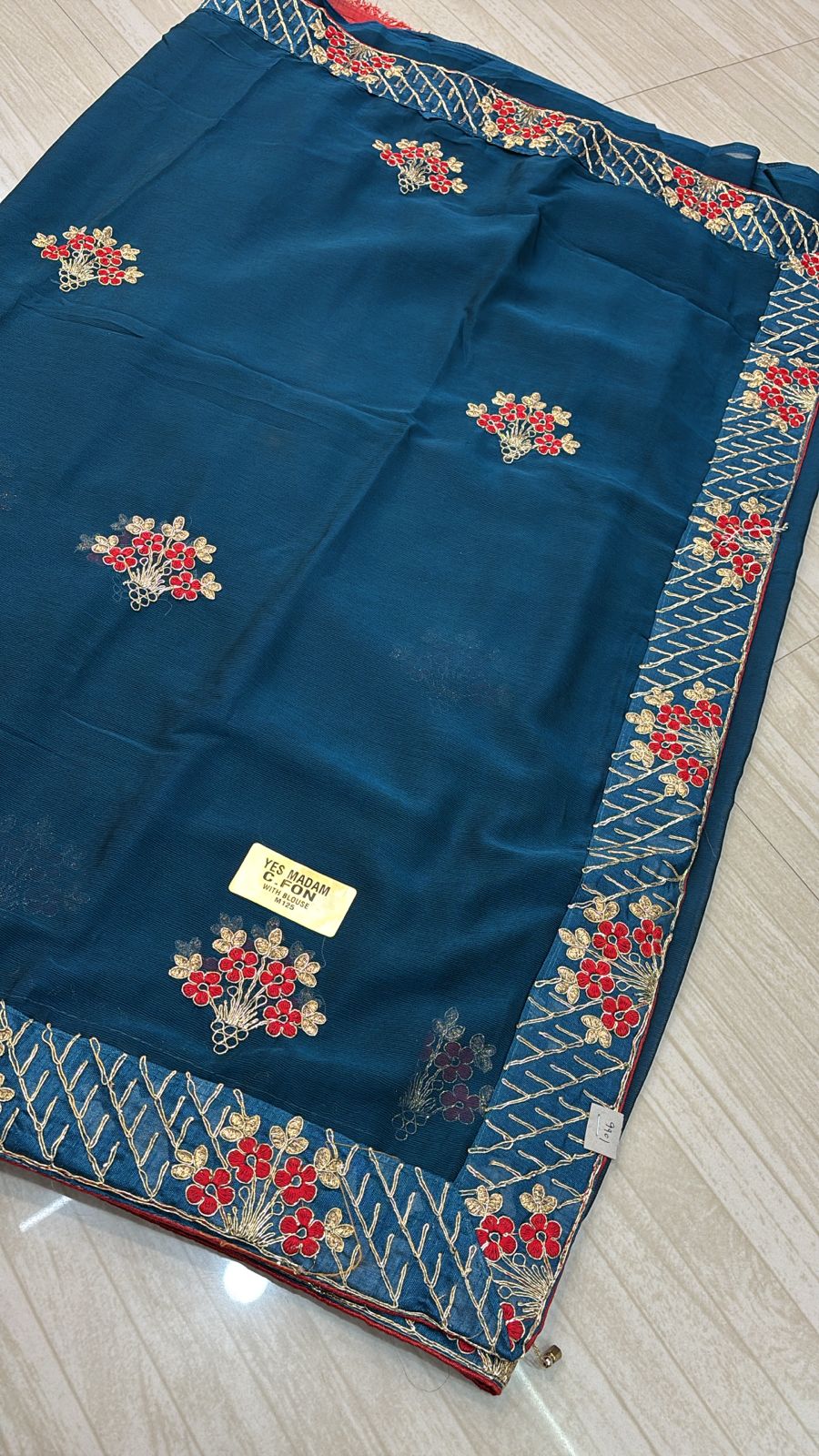 Teal Blue Saree with Red and Gold Zari Work- 251