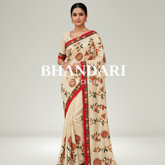 Ivory Saree with Multi-Colored Floral Embroidery- 254