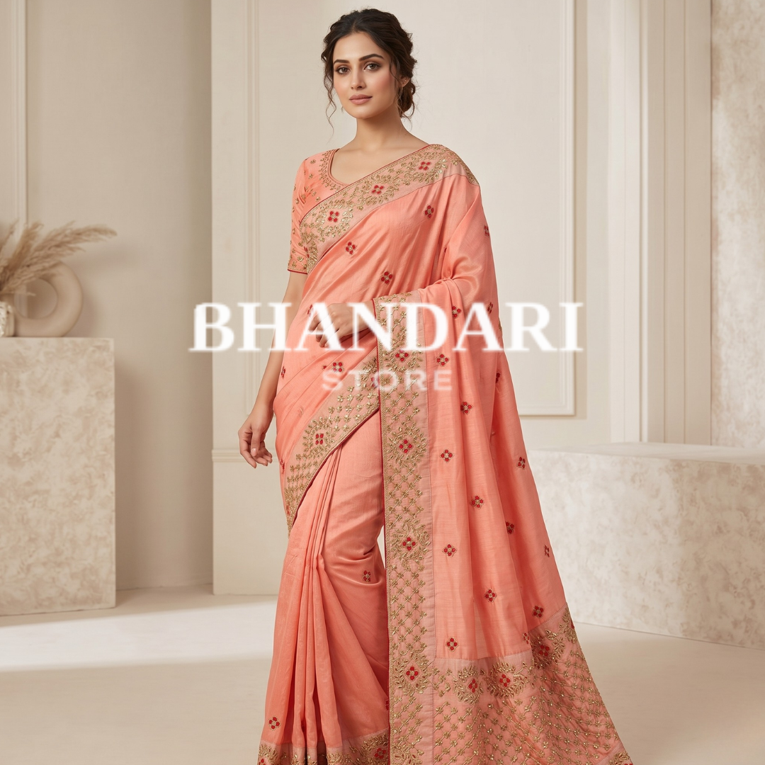 Peach Embroidered Saree with Zari and Sequin Work- 250