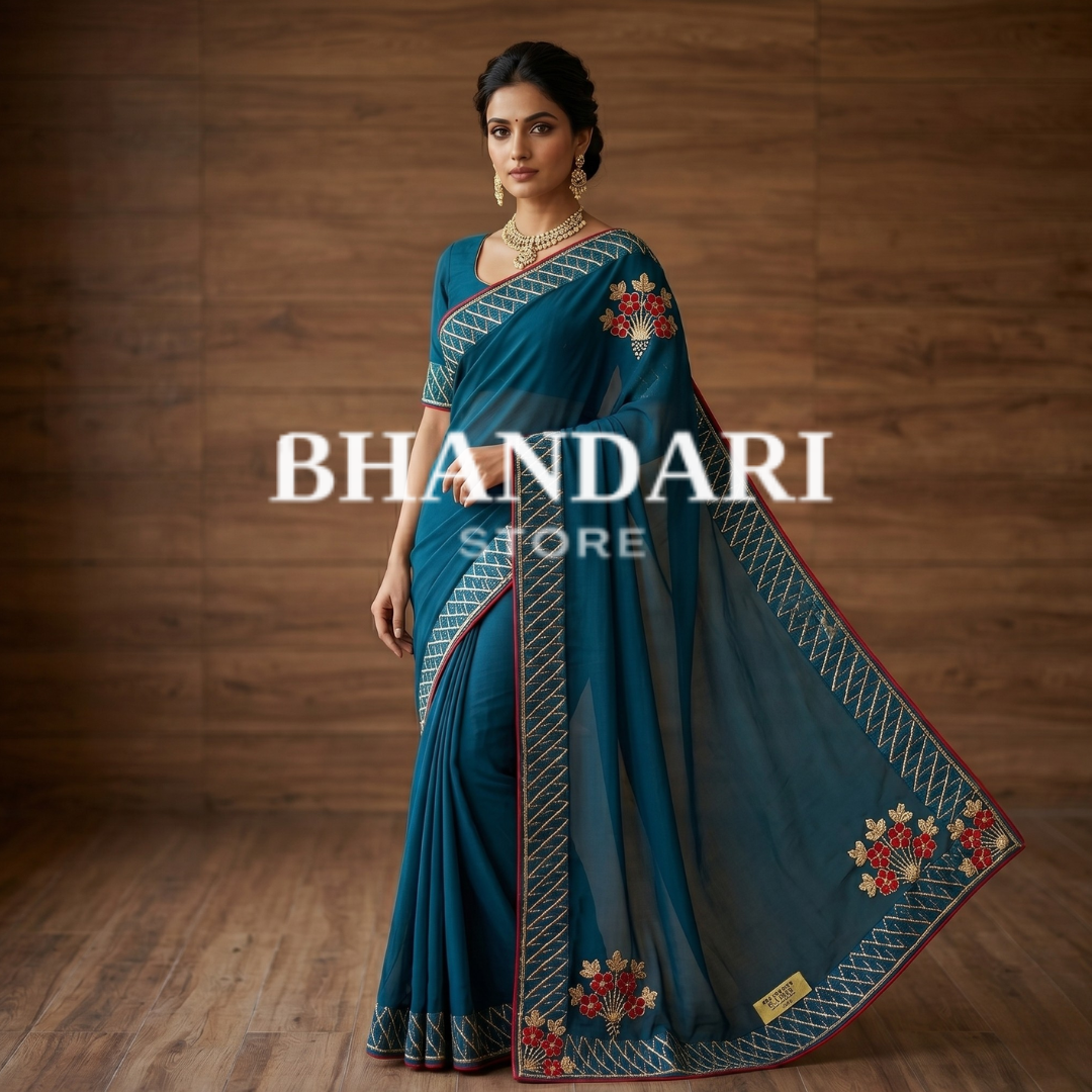 Teal Blue Saree with Red and Gold Zari Work- 251