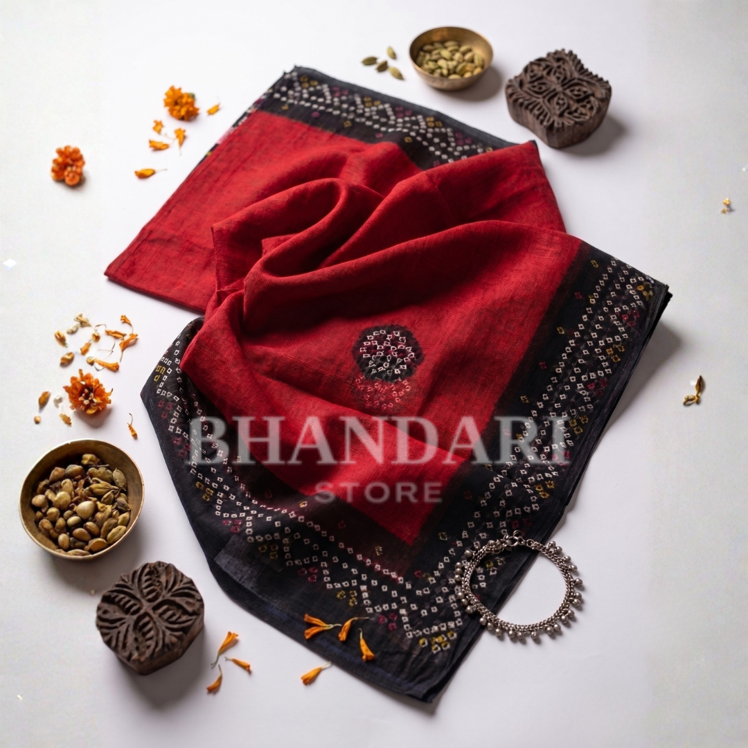 Special cotton odhna red with Black Pallu 2.50 Meter Full-1048
