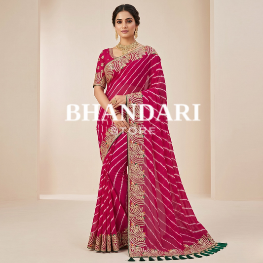 Fuchsia Bandhej Saree with Gota Patti and Mirror Embroidery- 252