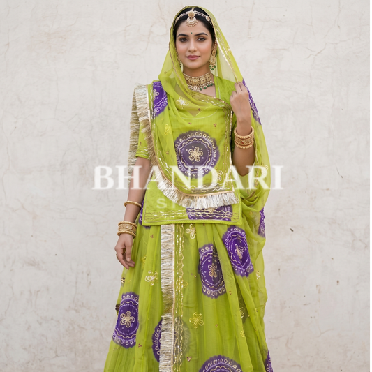 Ghewar Tari Gold Pure Poshak (Metallic Green and Blue)- 786