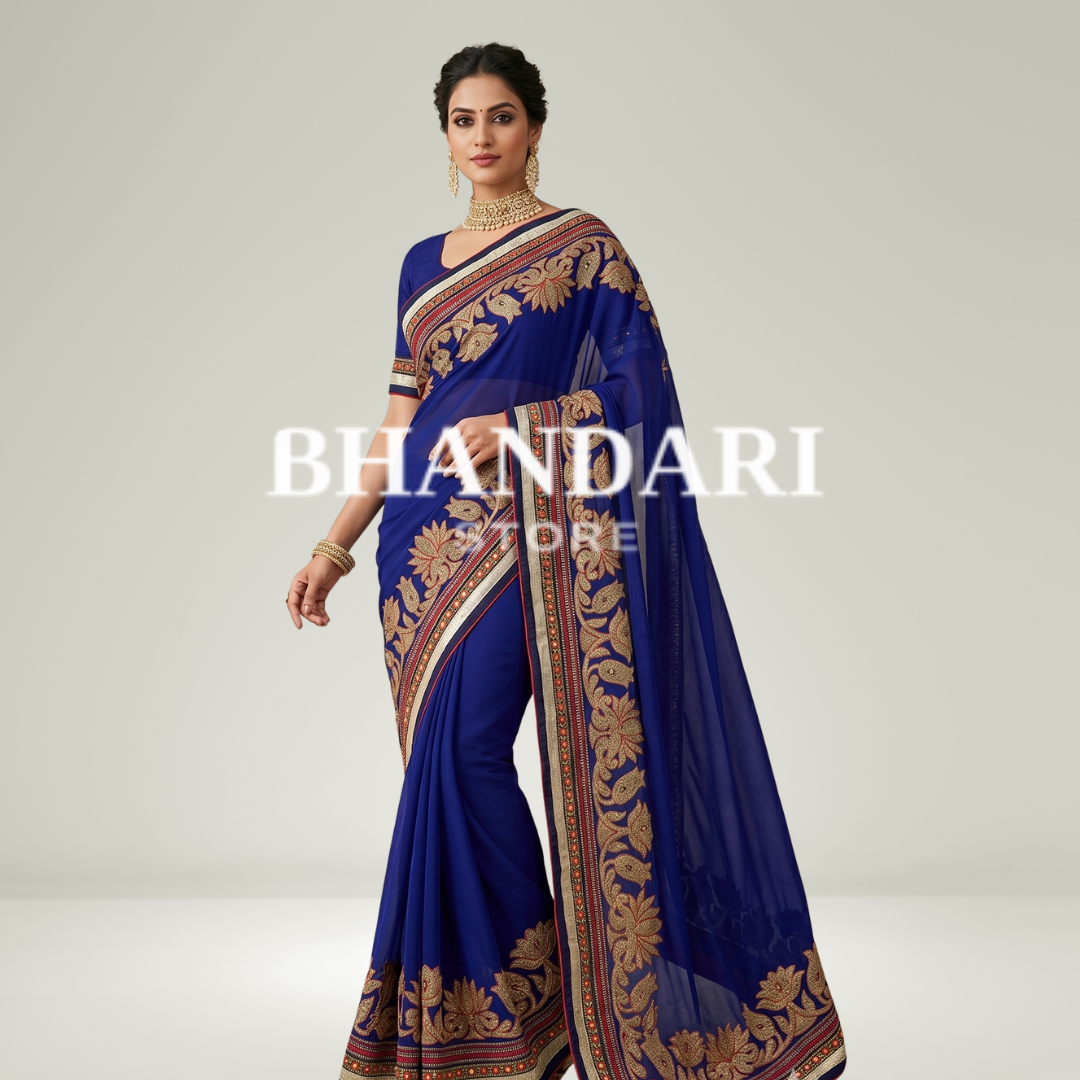Royal Blue Saree with Gold and Red Thread Embroidery- 253
