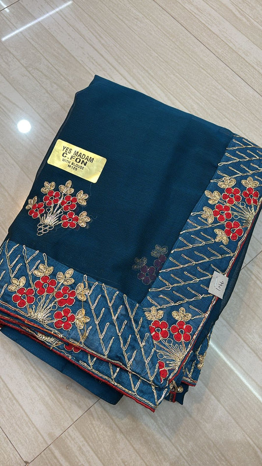 Teal Blue Saree with Red and Gold Zari Work- 251