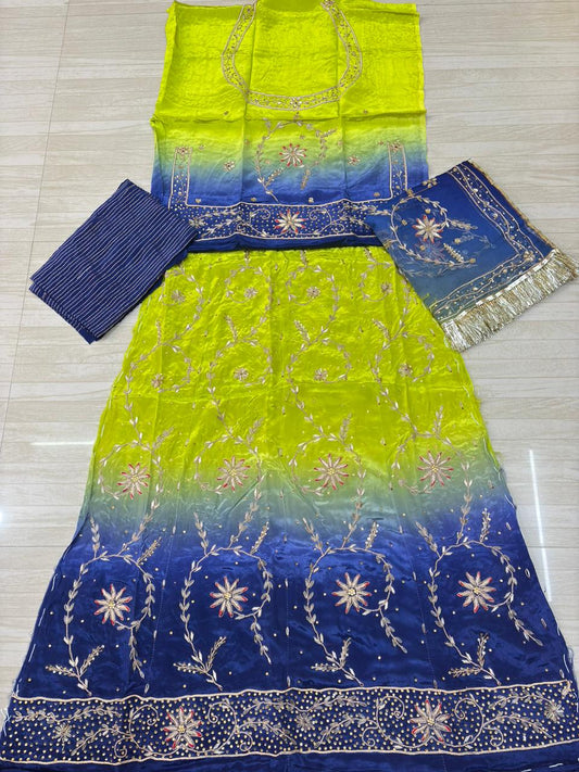 Natural bamber suit with pure odhna (Mehendi Blue)-271