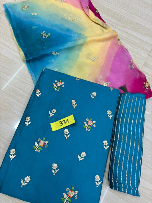 Jaam Cotton Butiq Buti Charak Tora Suit with Mangji (Peacock Blue)- 334