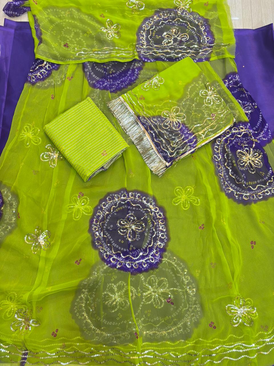 Ghewar Tari Gold Pure Poshak (Metallic Green and Blue)- 786