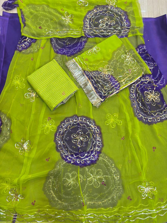 Ghewar Tari Gold Pure Poshak (Metallic Green and Blue)- 786