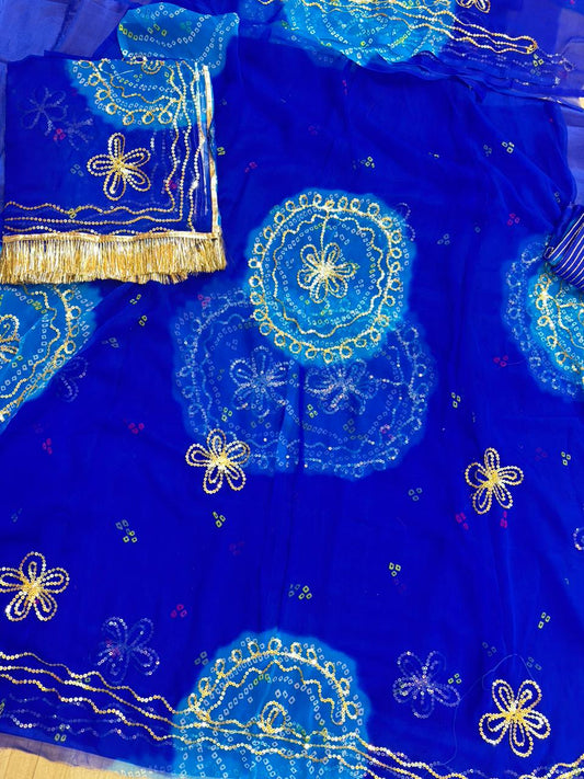 Ghewar Tari Gold Pure Poshak (Blue & Blue)- 791