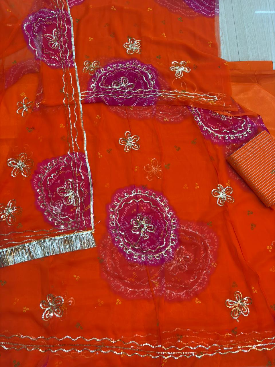 Ghewar Tari Gold Pure Poshak (Orange & Rani)- 790