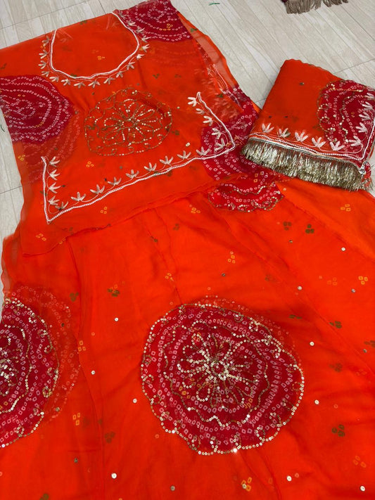 MOTI WORK GHEWAR TARI POSHAK (RANI WITH ORANGE)-1782