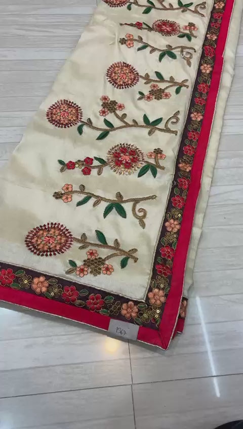 Ivory Saree with Multi-Colored Floral Embroidery- 254