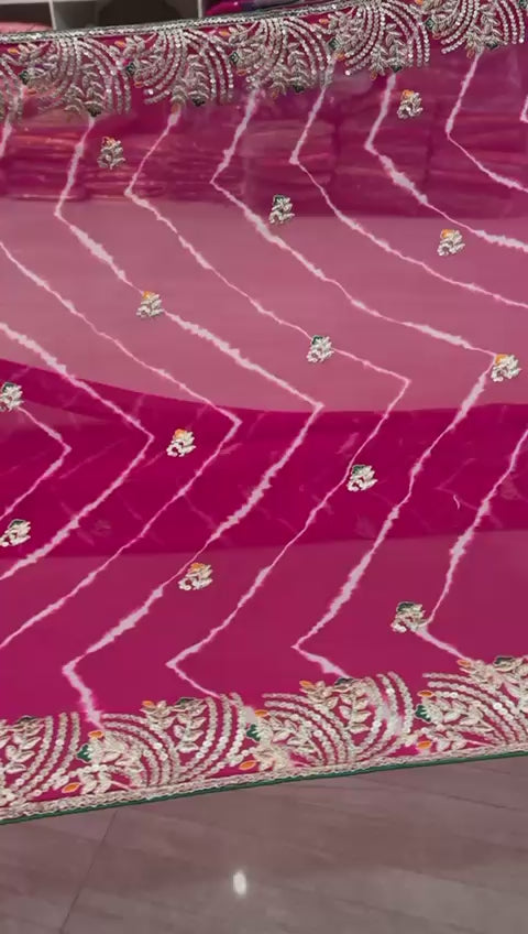 Fuchsia Bandhej Saree with Gota Patti and Mirror Embroidery- 252