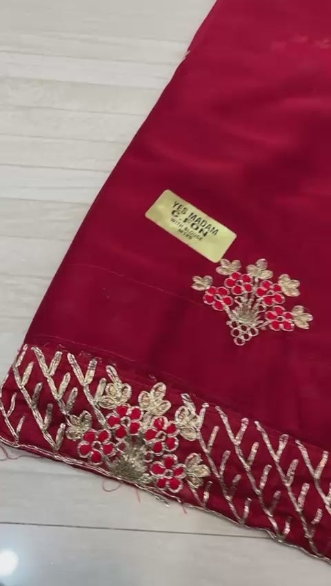 Maroon Red Saree with Floral and Zari Embroidery- 255