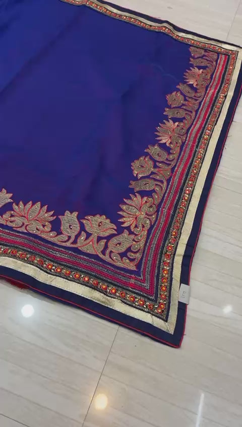 Royal Blue Saree with Gold and Red Thread Embroidery- 253
